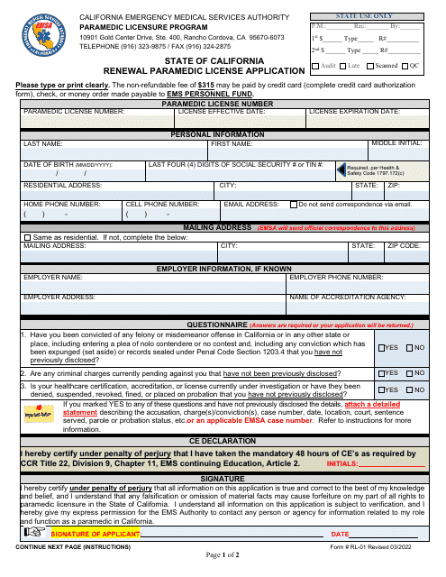 Form RL-01 Renewal Paramedic License Application - California