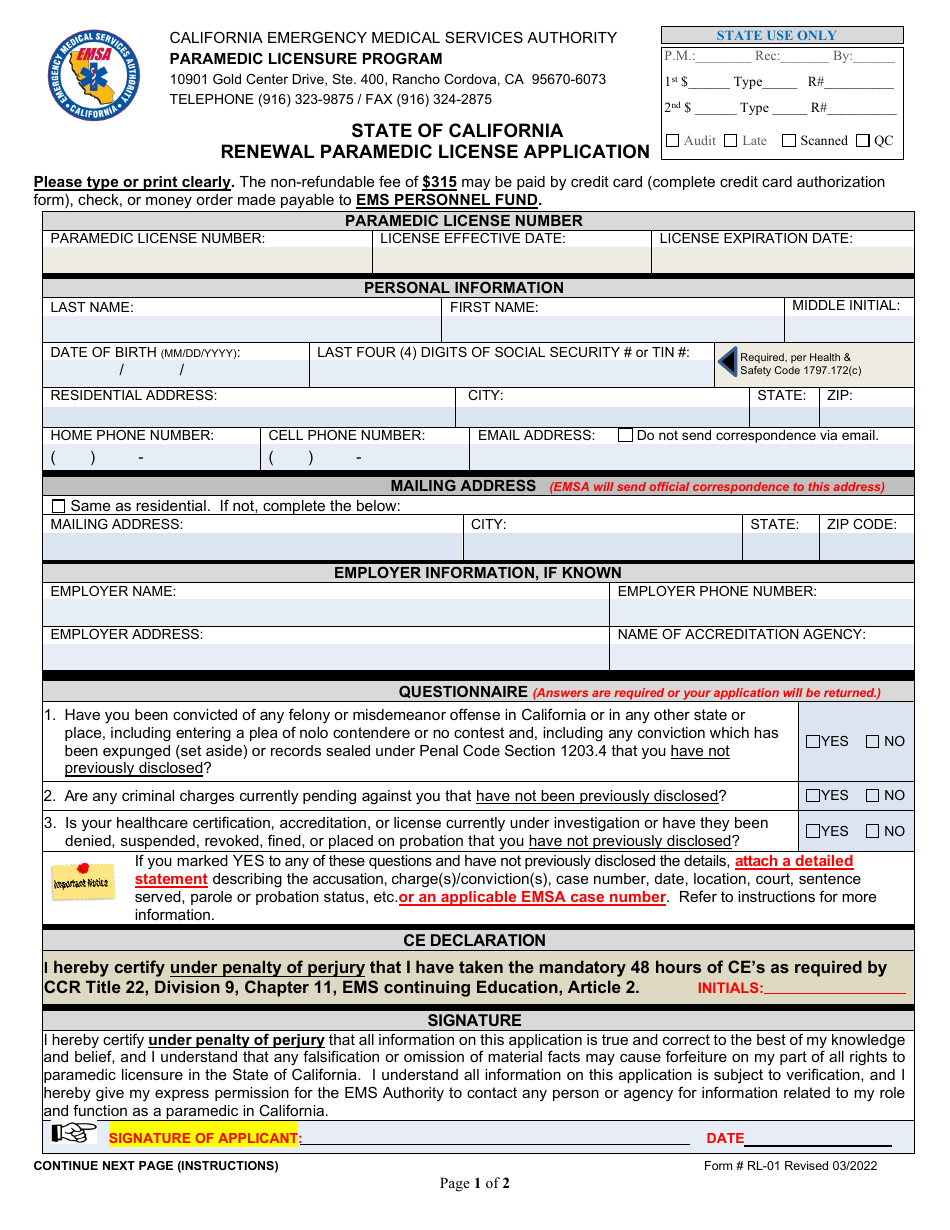 Form RL-01 Renewal Paramedic License Application - California, Page 1