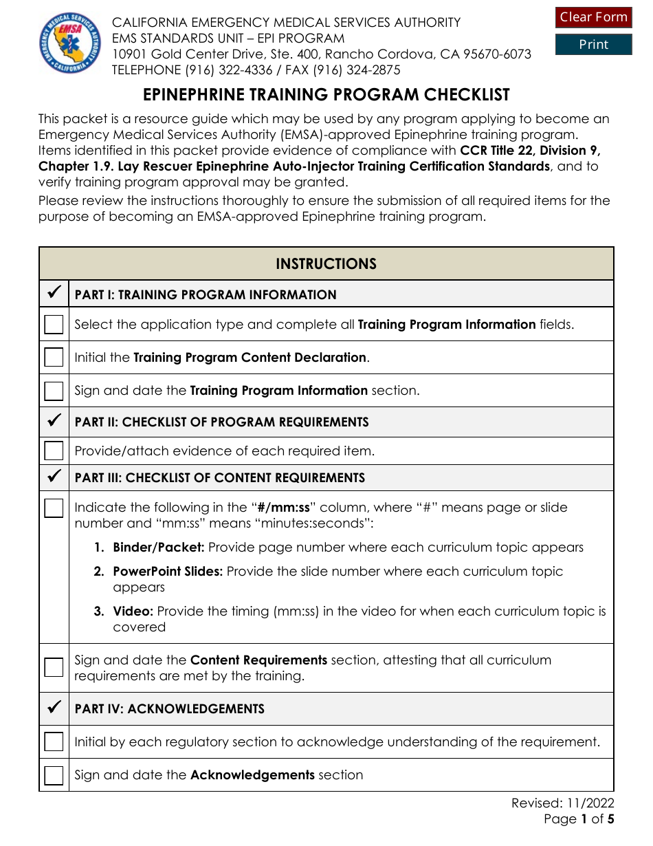Epinephrine Training Program Checklist - California, Page 1
