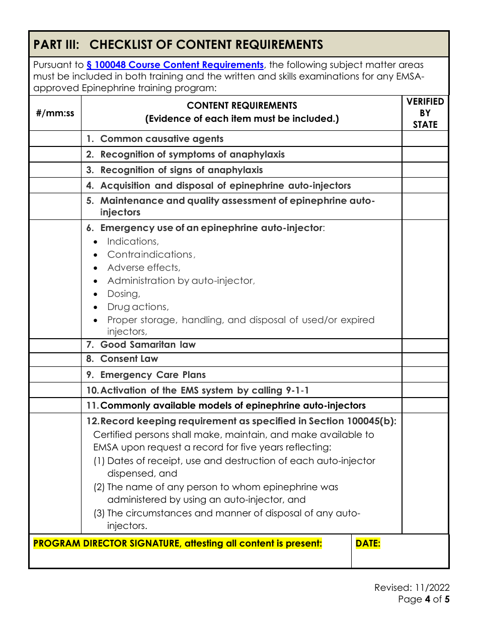 Epinephrine Training Program Checklist - California, Page 4