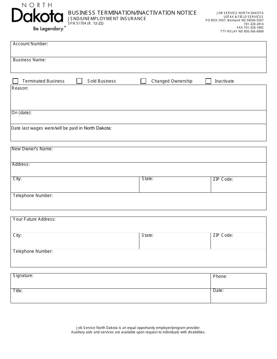 Form SFN51704 Business Termination / Inactivation Notice - North Dakota, Page 1