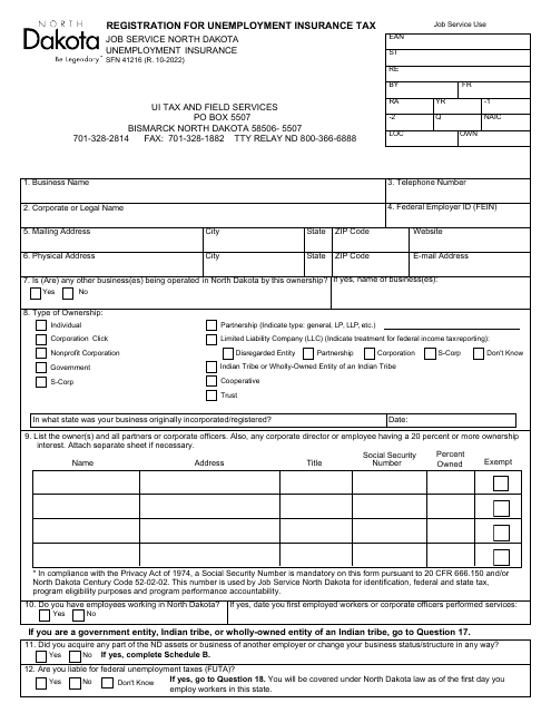Form SFN41216 Registration for Unemployment Insurance Tax - North Dakota
