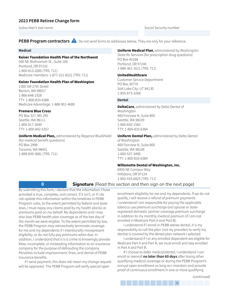 Form HCA-51-0007 Pebb Retiree Change Form - Washington, Page 10