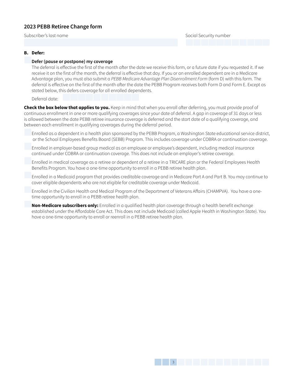 Form HCA-51-0007 Pebb Retiree Change Form - Washington, Page 3