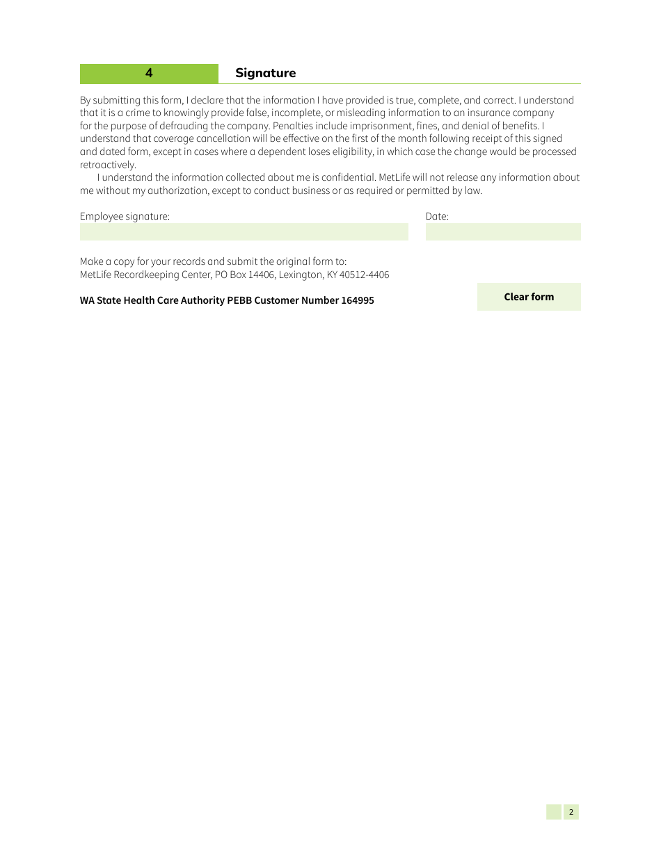 Form HCA-50-0911 Pebb Cancellation of Supplemental Life and Add Insurance Through Metlife - Washington, Page 2