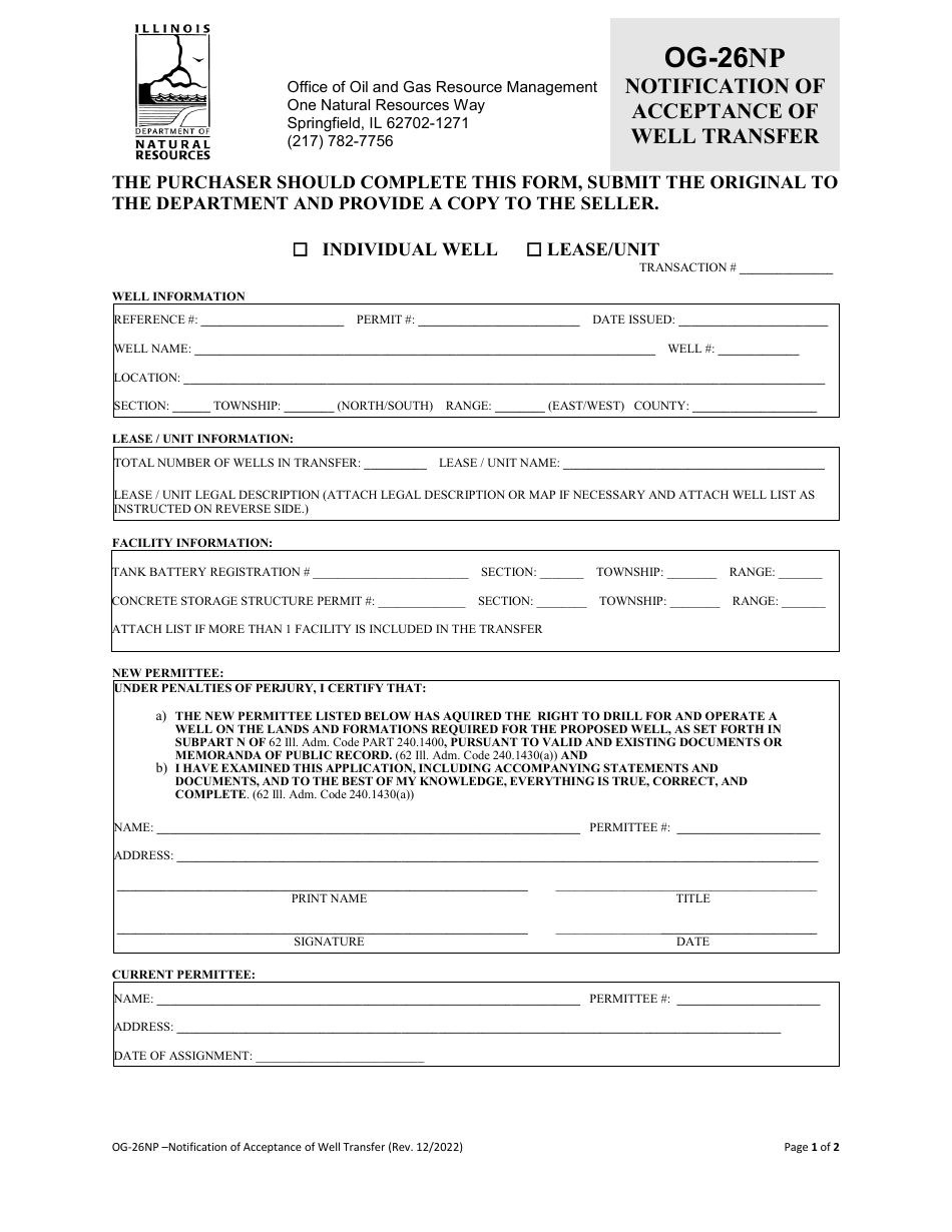 Form OG-26NP Notification of Acceptance of Well Transfer - Illinois, Page 1
