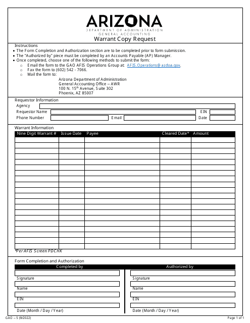 Form GAO-5 Warrant Copy Request - Arizona