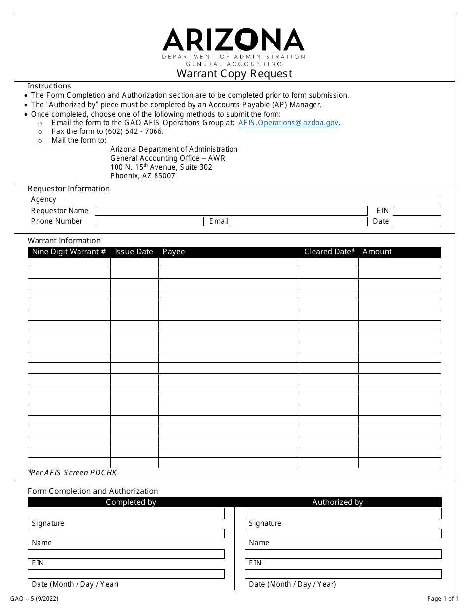 Form GAO-5 Warrant Copy Request - Arizona, Page 1