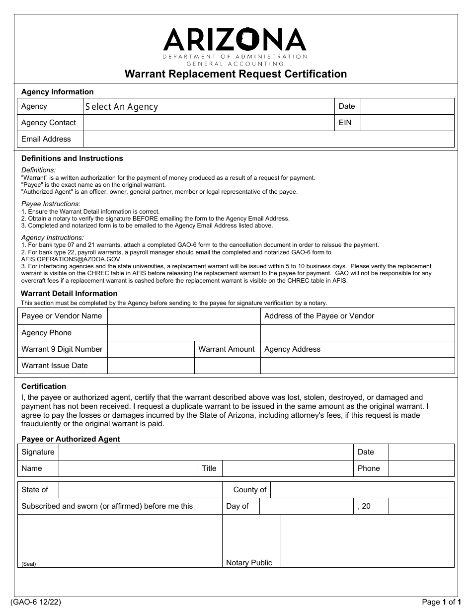 Form GAO-6 Warrant Replacement Request Certification - Arizona, Page 1