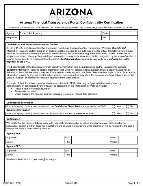 Form GAO-701 Arizona Financial Transparency Portal Confidentiality Certification - Arizona
