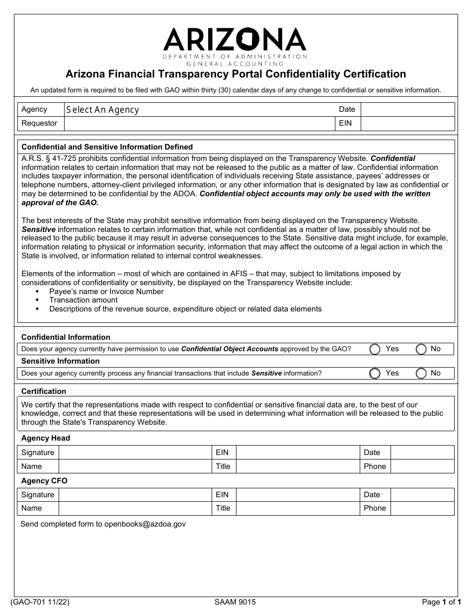 Form GAO-701 Arizona Financial Transparency Portal Confidentiality Certification - Arizona, Page 1