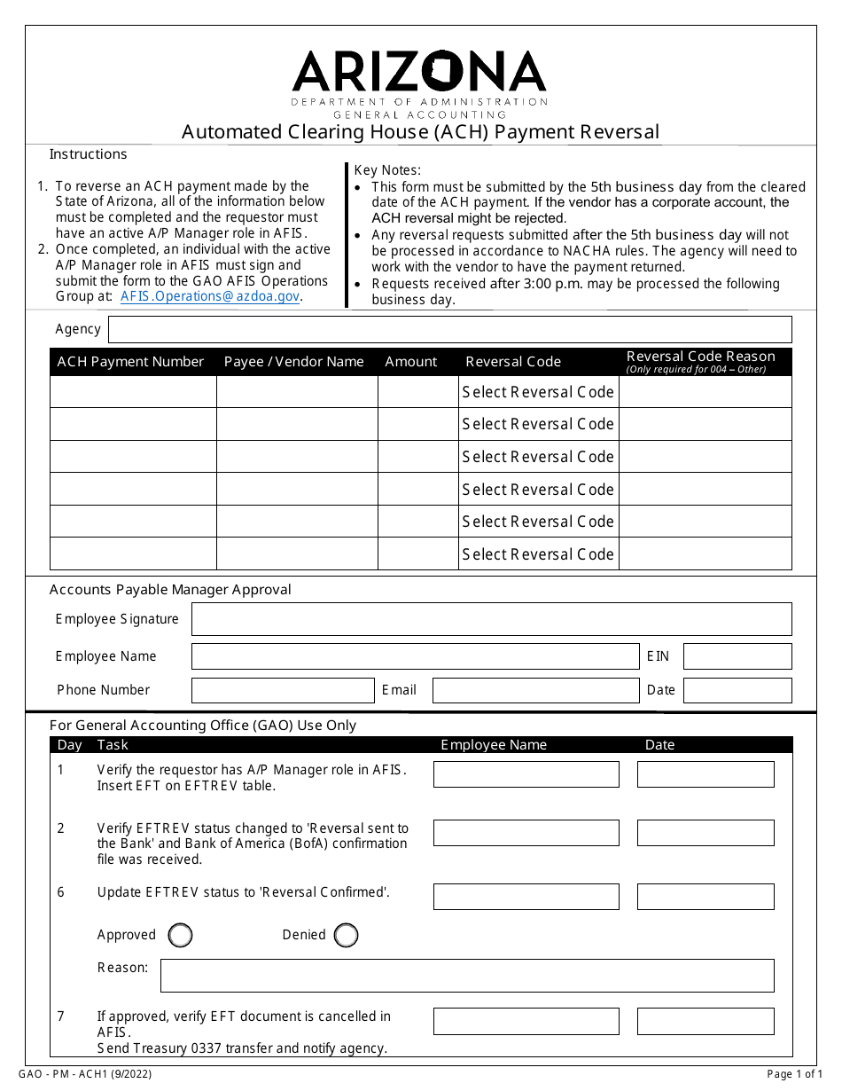 Form GAO-PM-ACH1 Automated Clearing House (ACH) Payment Reversal - Arizona, Page 1