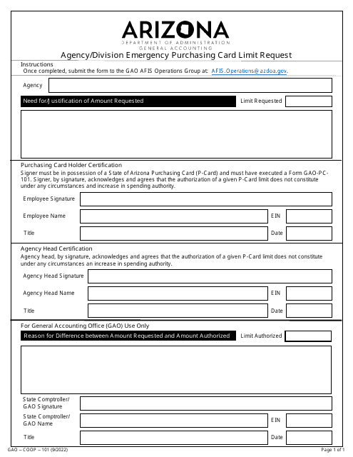 Form GAO-COOP-101 Agency/Division Emergency Purchasing Card Limit Request - Arizona