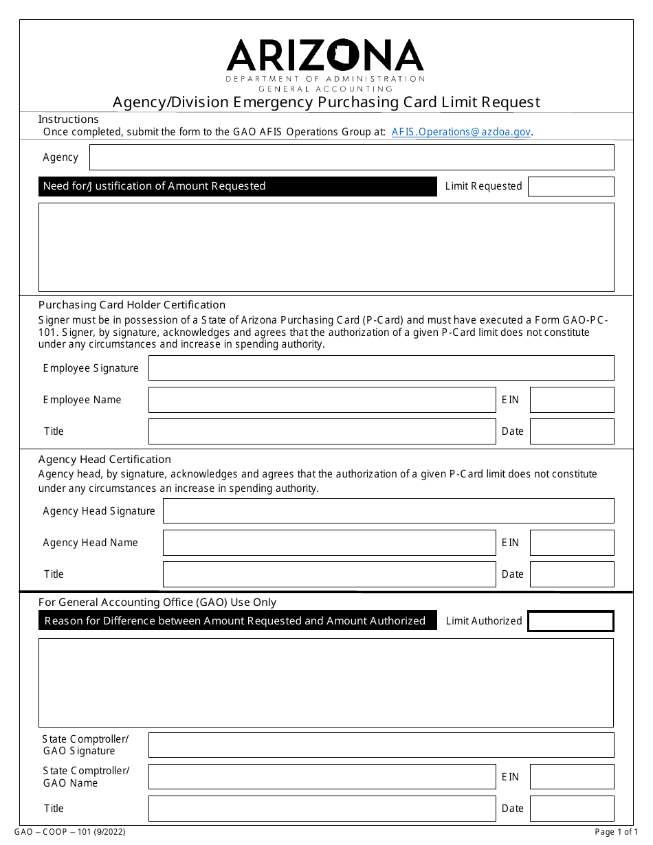 Form GAO-COOP-101 Agency / Division Emergency Purchasing Card Limit Request - Arizona, Page 1