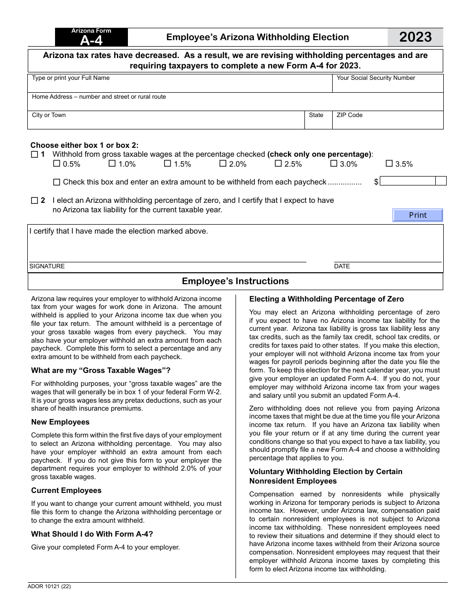 Arizona Form A-4 (ADOR10121) Employees Arizona Withholding Election - Arizona, Page 1