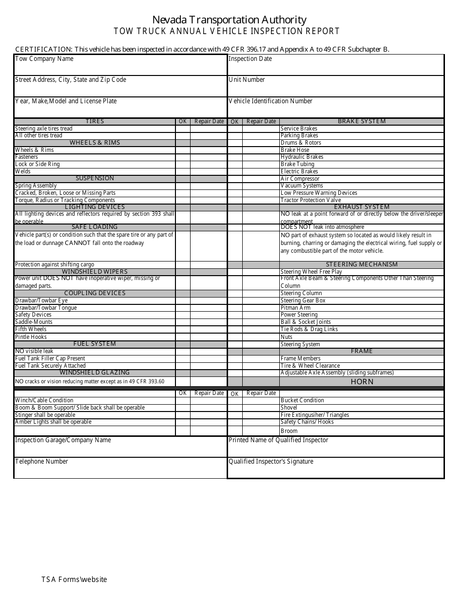 Tow Truck Annual Vehicle Inspection Report - Nevada, Page 1