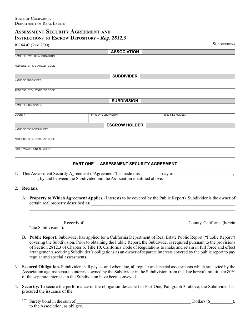 Form RE643C Assessment Security Agreement and Instructions to Escrow Depository - Reg. 2812.3 - California, Page 1