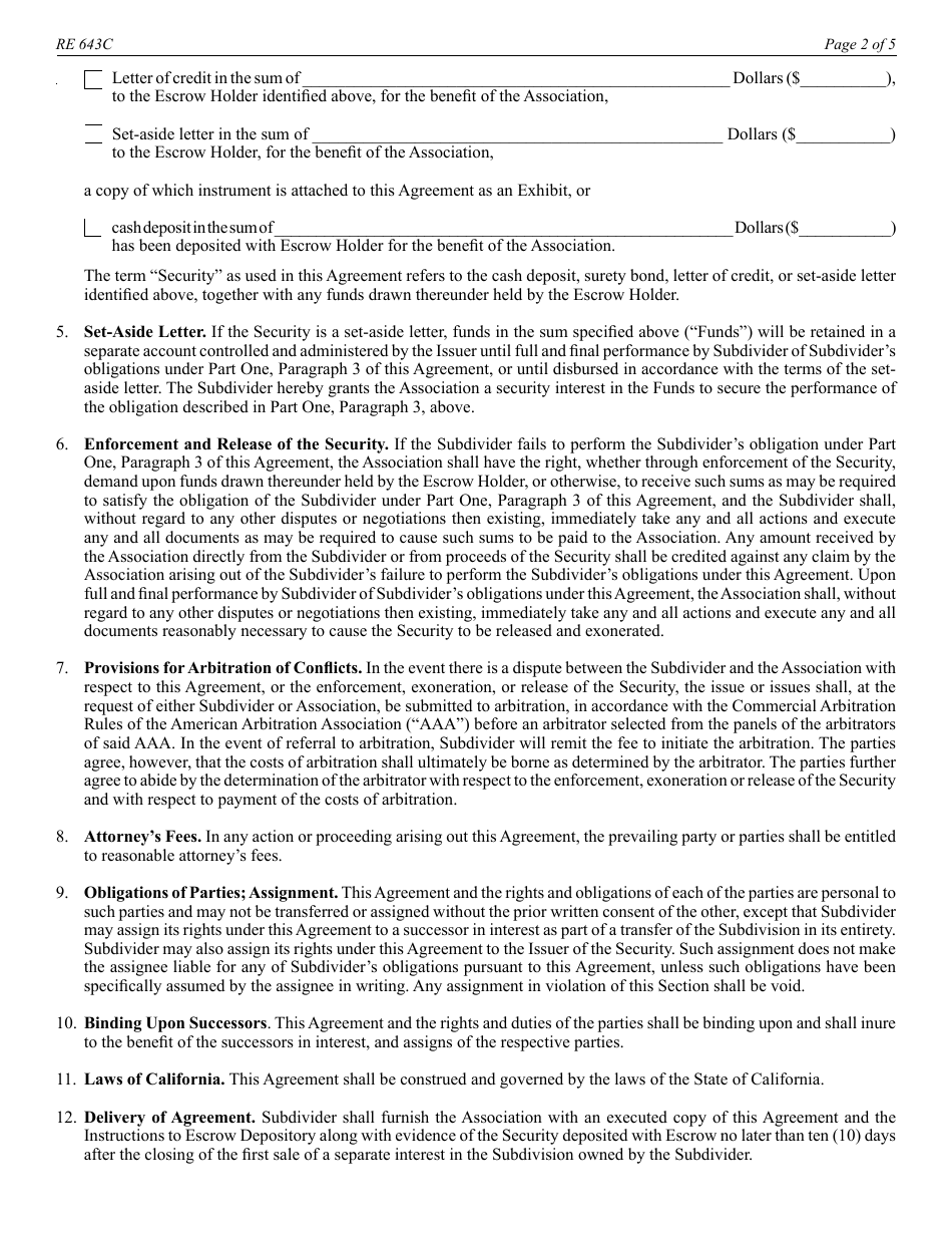 Form RE643C Assessment Security Agreement and Instructions to Escrow Depository - Reg. 2812.3 - California, Page 2