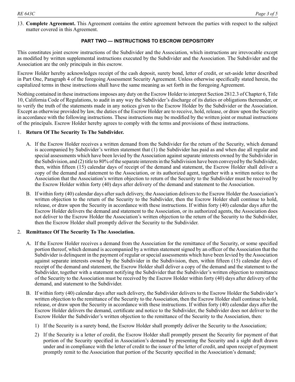 Form RE643C Assessment Security Agreement and Instructions to Escrow Depository - Reg. 2812.3 - California, Page 3