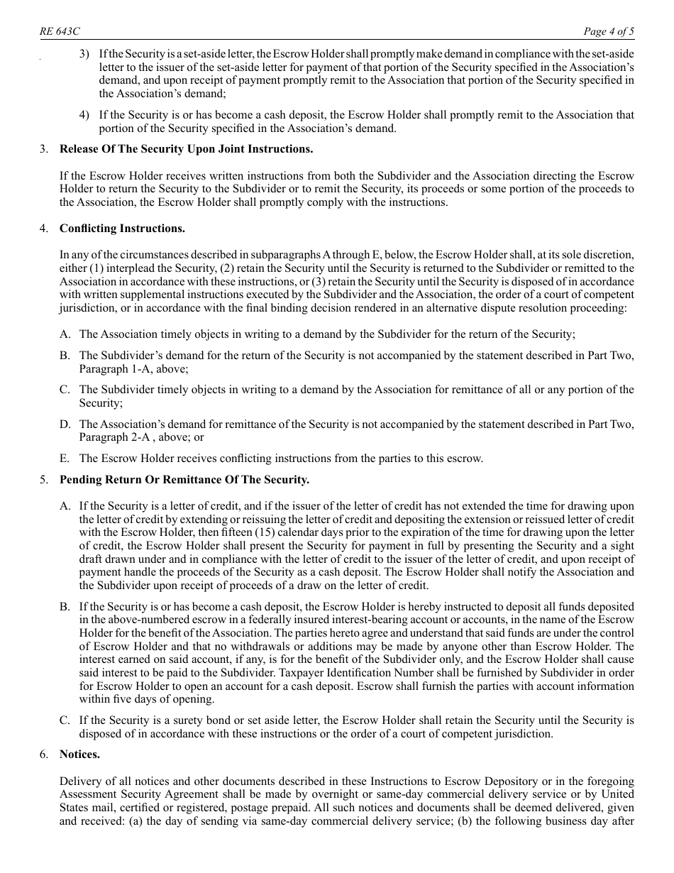 Form RE643C Assessment Security Agreement and Instructions to Escrow Depository - Reg. 2812.3 - California, Page 4