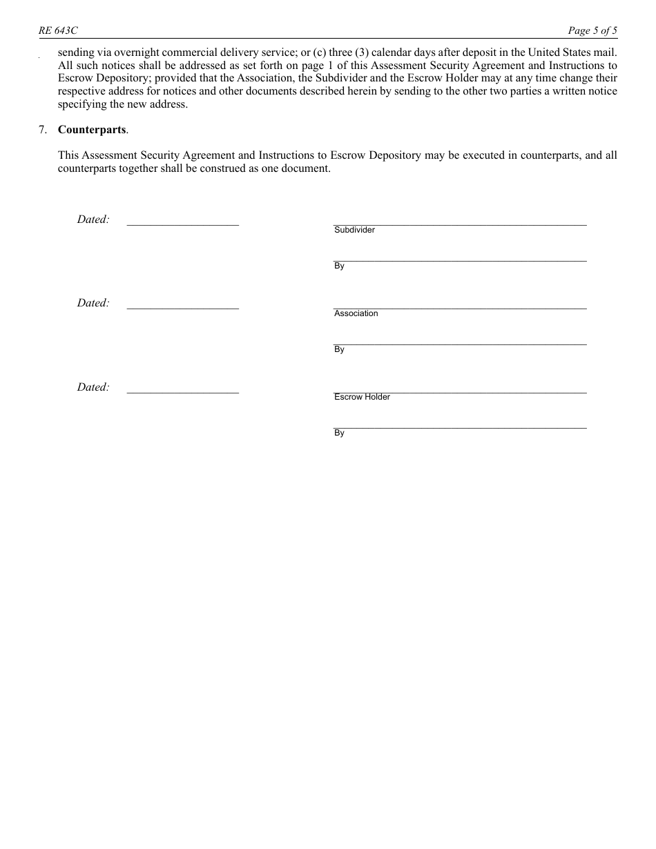 Form RE643C Assessment Security Agreement and Instructions to Escrow Depository - Reg. 2812.3 - California, Page 5