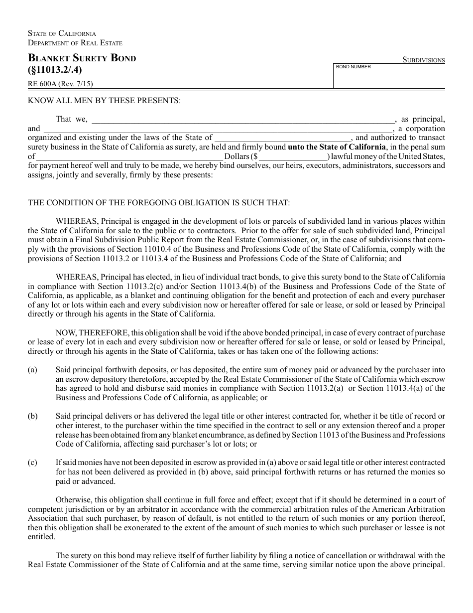 Form RE600A Blanket Surety Bond (11013.2 / .4) - California, Page 1