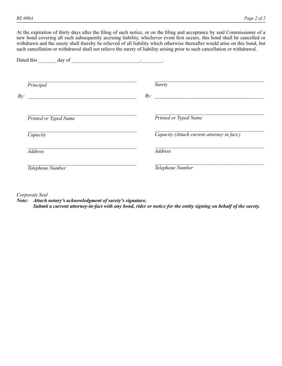 Form RE600A Blanket Surety Bond (11013.2 / .4) - California, Page 2