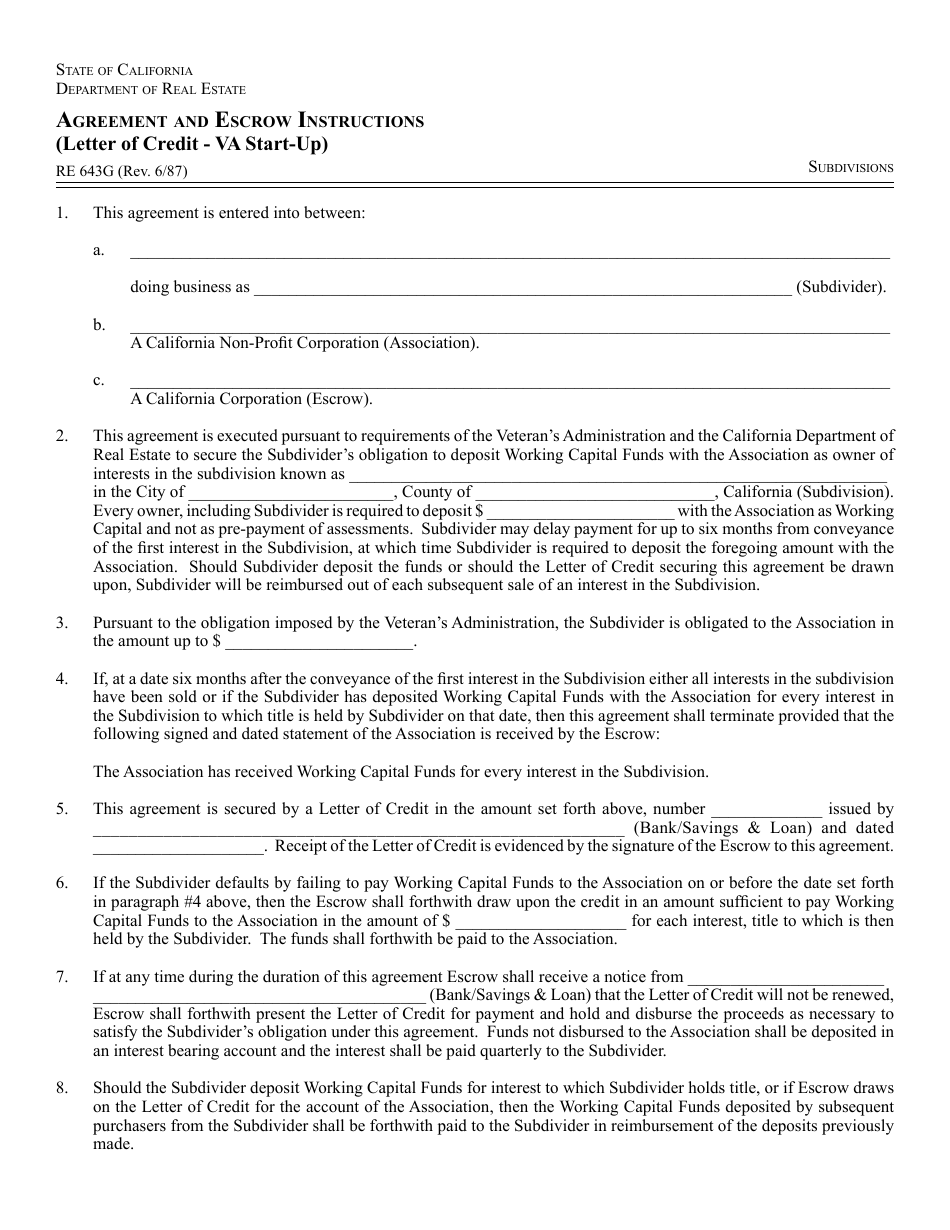 Form RE643G Agreement and Escrow Instructions (Letter of Credit - VA Start-Up) - California, Page 1