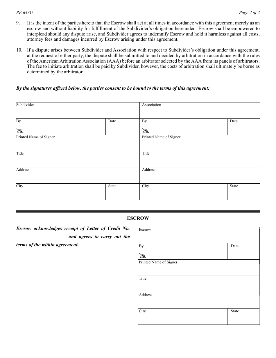 Form RE643G Agreement and Escrow Instructions (Letter of Credit - VA Start-Up) - California, Page 2