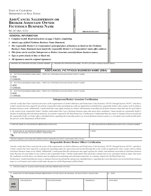 Form RE247 Add/Cancel Salesperson or Broker Associate Owned Fictitious Business Name - California