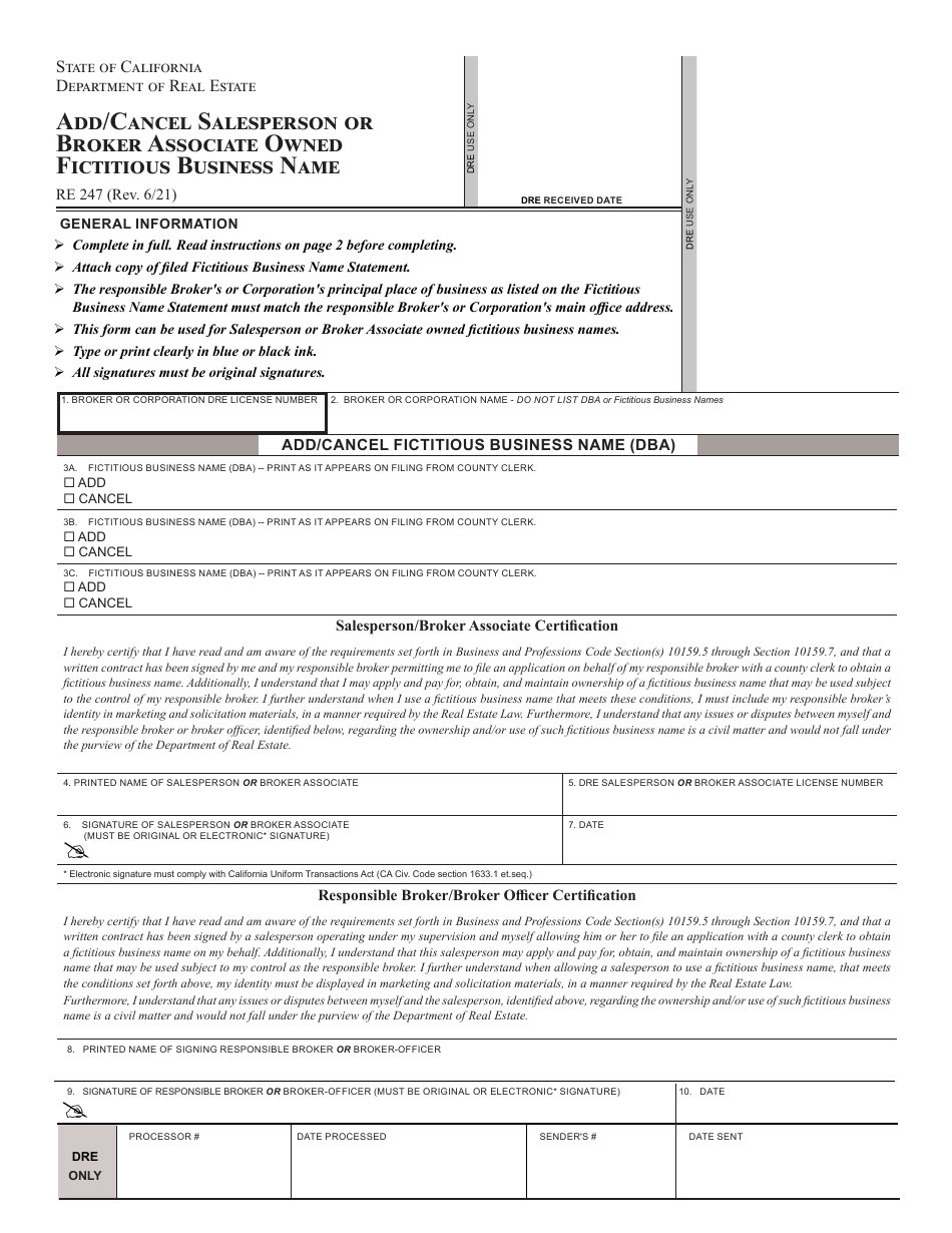 Form RE247 Add / Cancel Salesperson or Broker Associate Owned Fictitious Business Name - California, Page 1