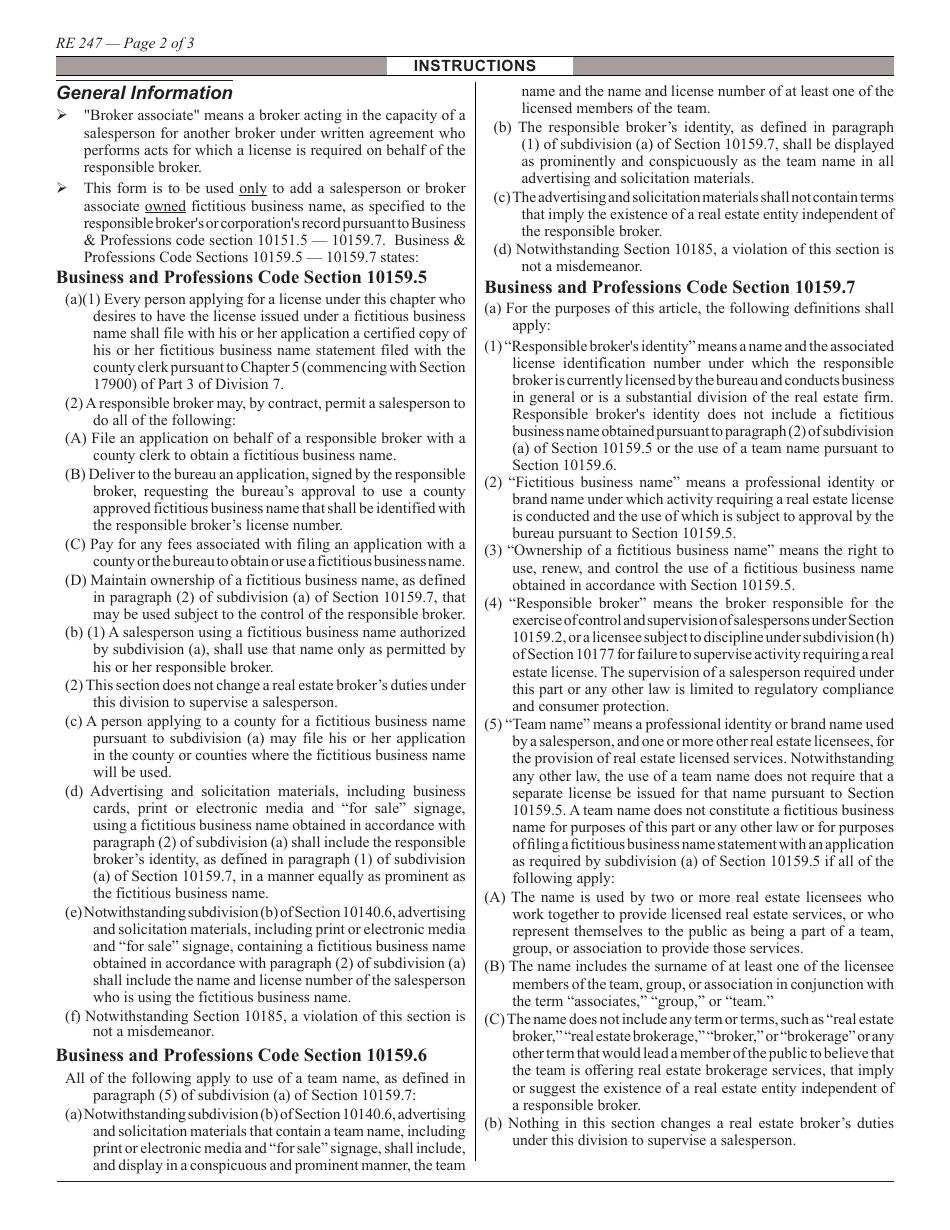 Form RE247 Add / Cancel Salesperson or Broker Associate Owned Fictitious Business Name - California, Page 2