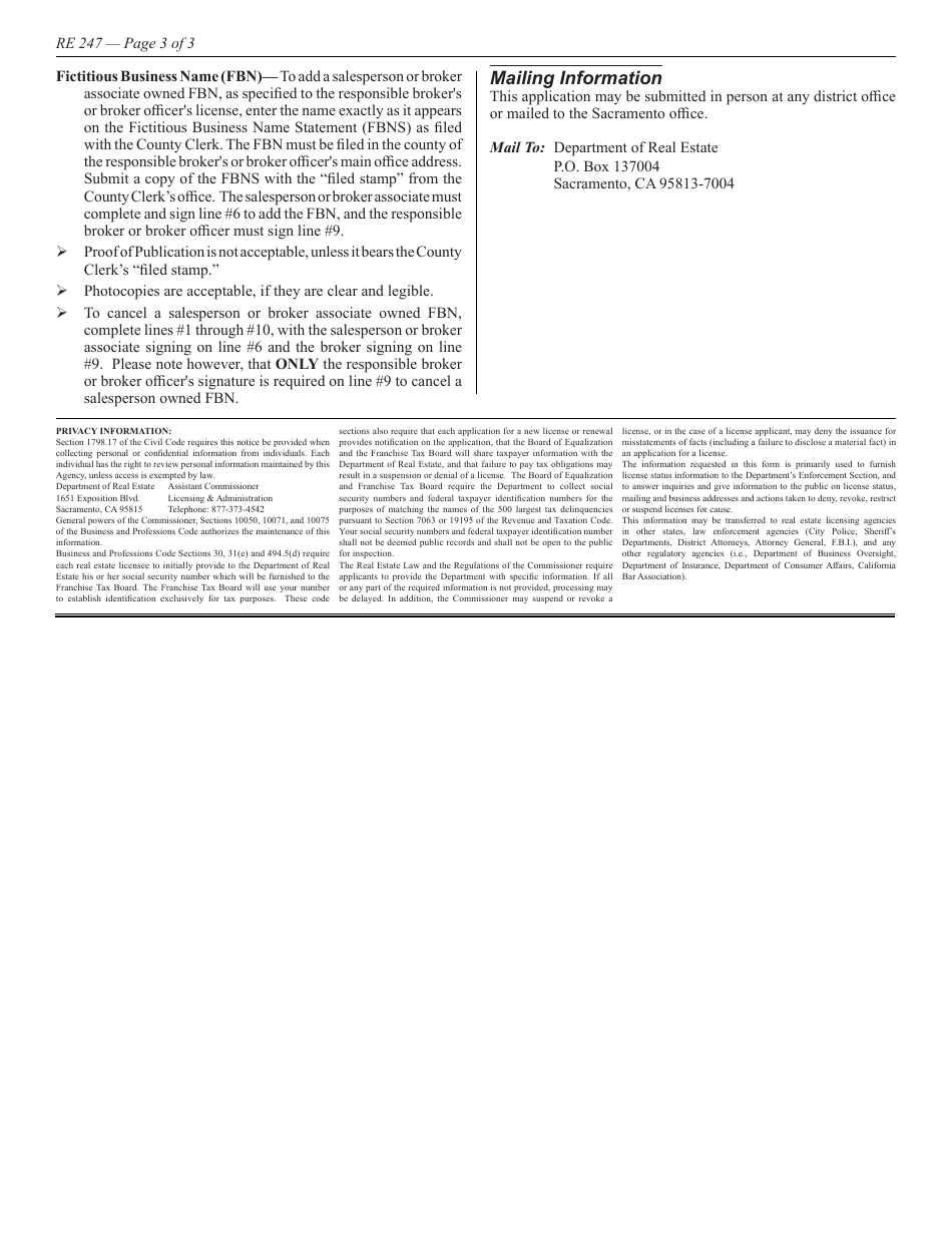 Form RE247 Add / Cancel Salesperson or Broker Associate Owned Fictitious Business Name - California, Page 3