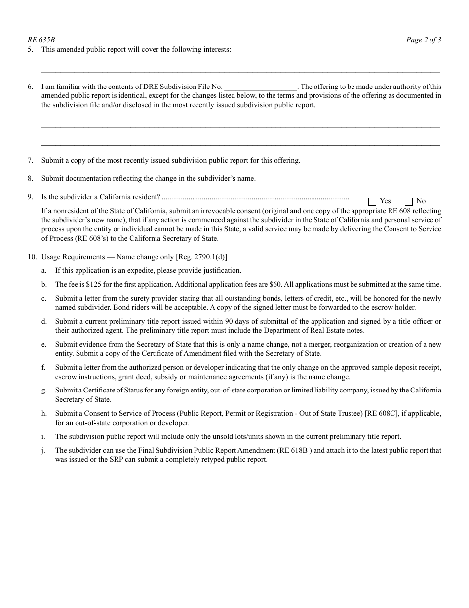Form RE635B Public Report Amendment Application (Non-substantive Change) - California, Page 2