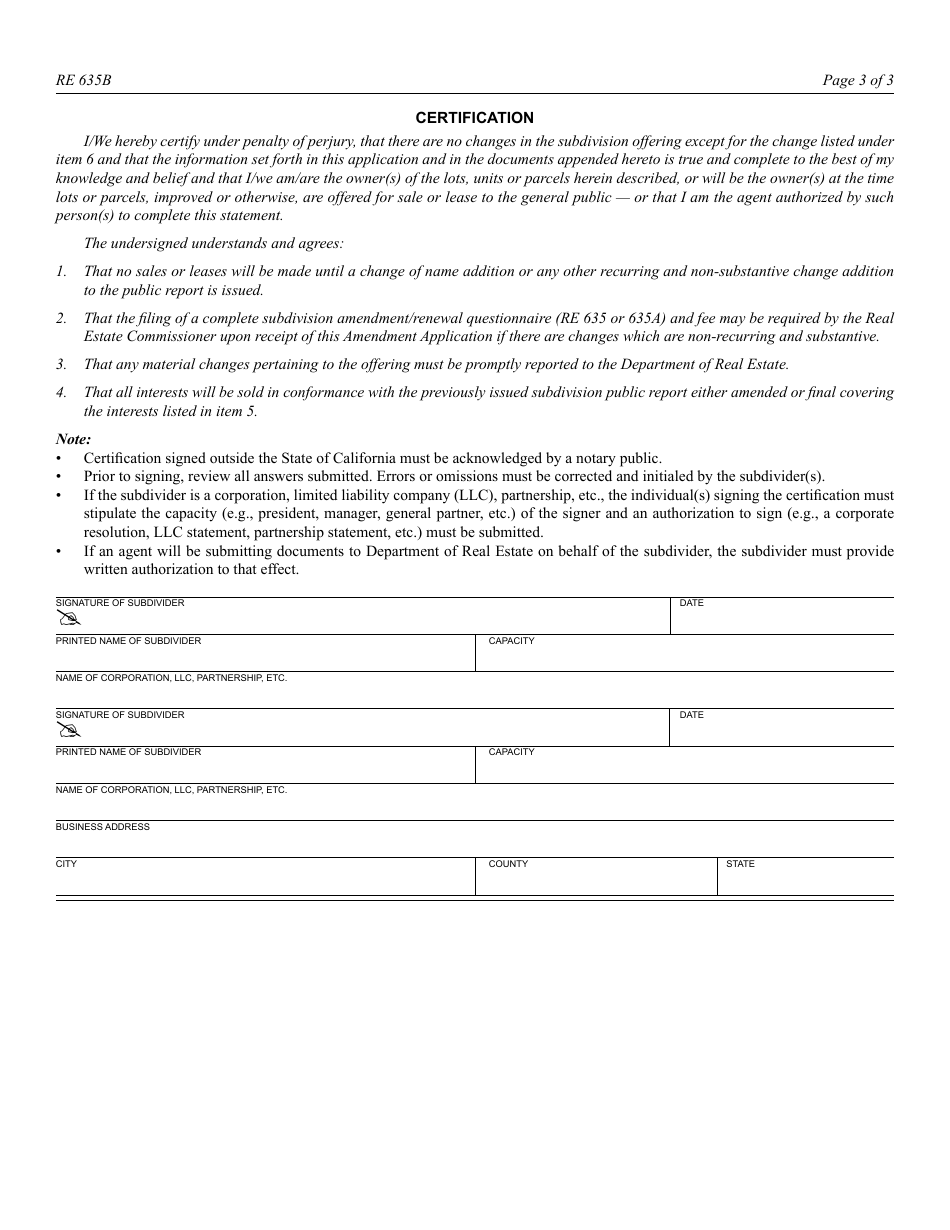 Form RE635B Public Report Amendment Application (Non-substantive Change) - California, Page 3