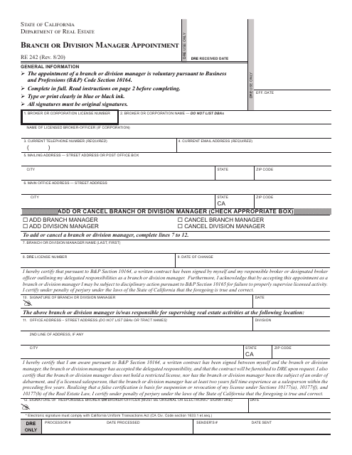 Form RE242 Branch or Division Manager Appointment - California