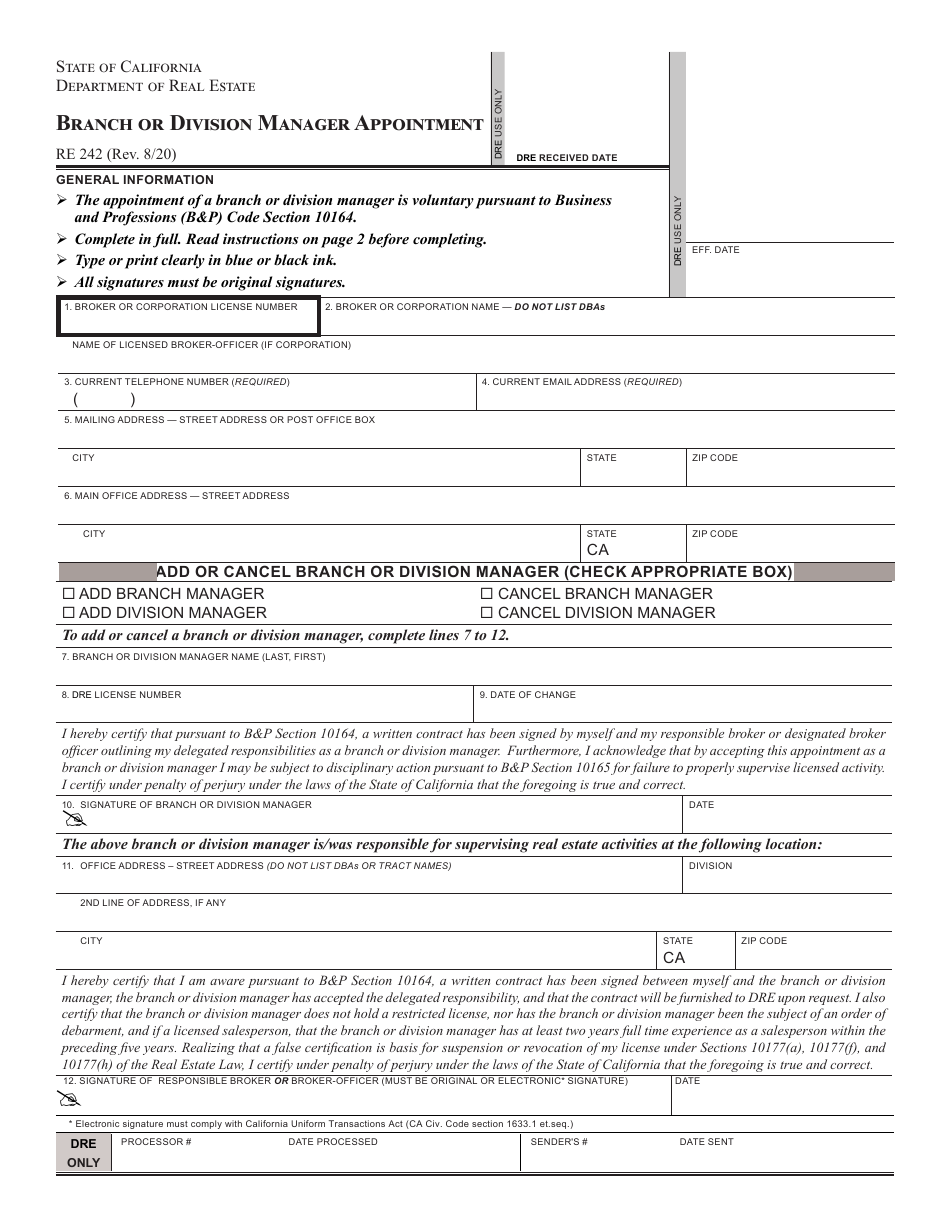 Form RE242 Branch or Division Manager Appointment - California, Page 1