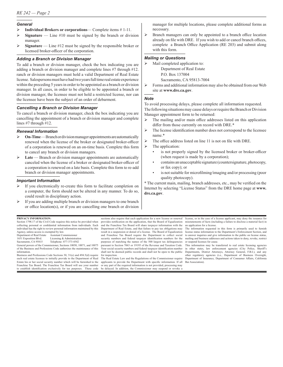 Form RE242 Branch or Division Manager Appointment - California, Page 2