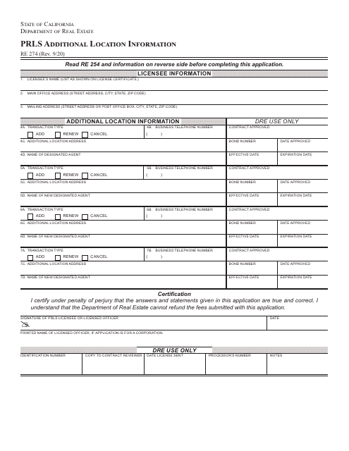 Form RE274  Printable Pdf
