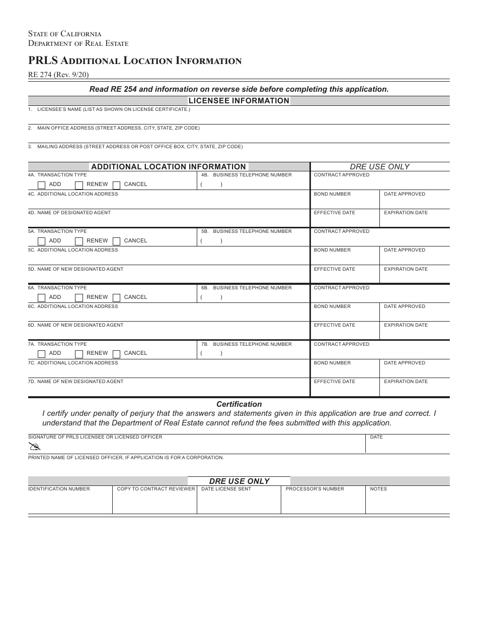 Form RE274 Prls Additional Location Information - California, Page 1
