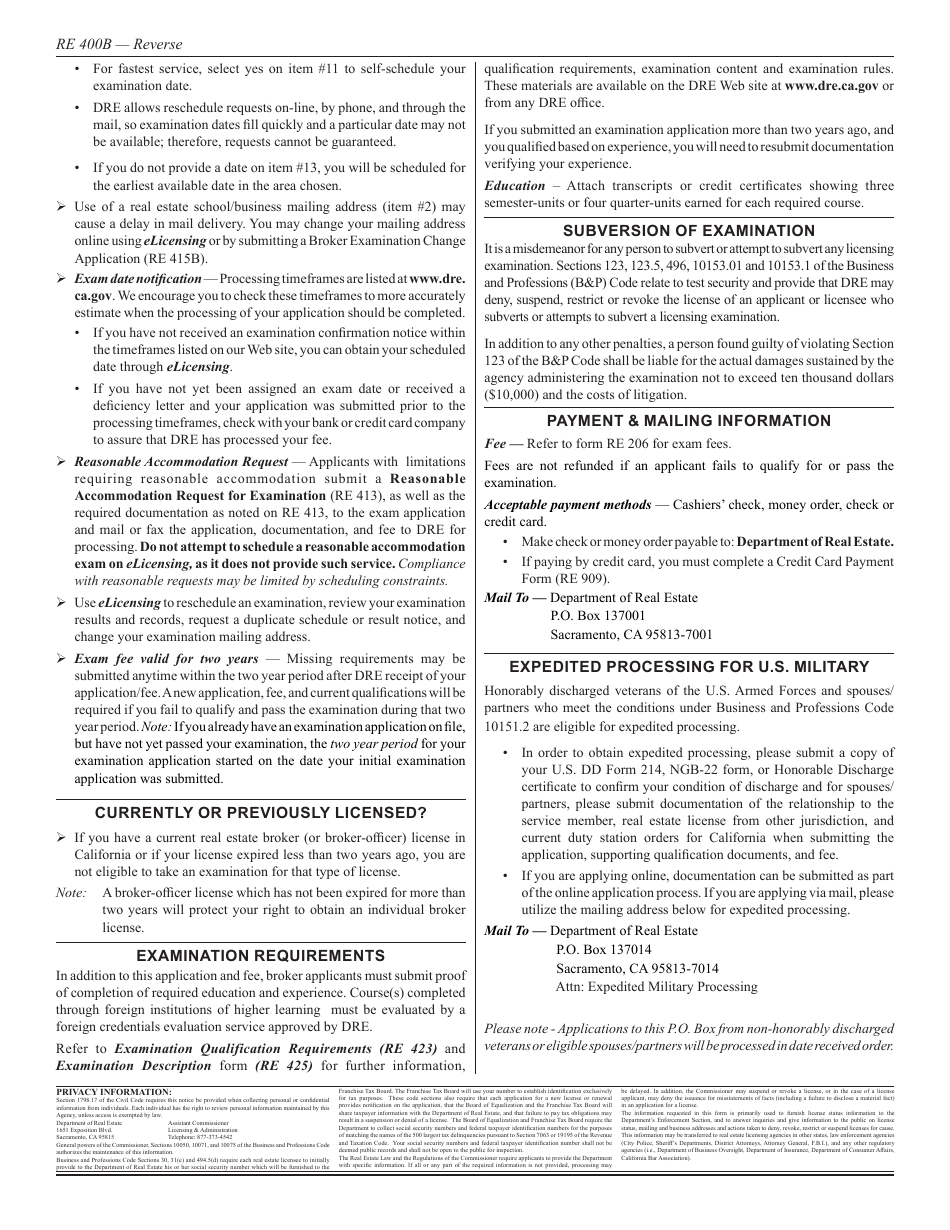 Form RE400B Broker Examination Application - California, Page 3