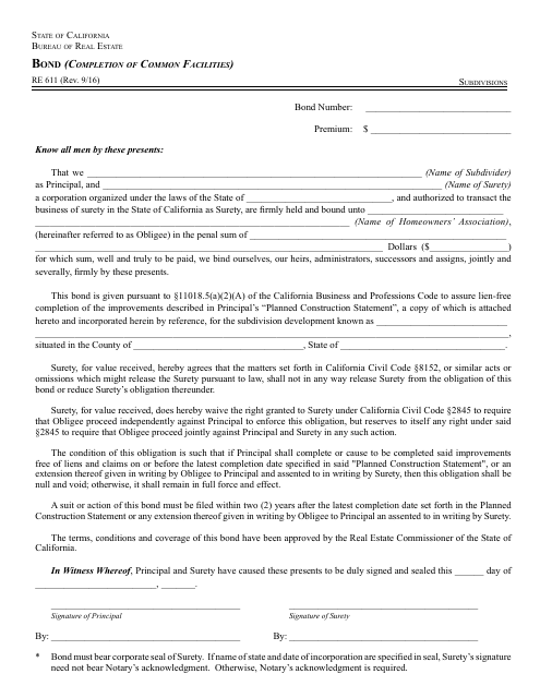 Form RE611  Printable Pdf