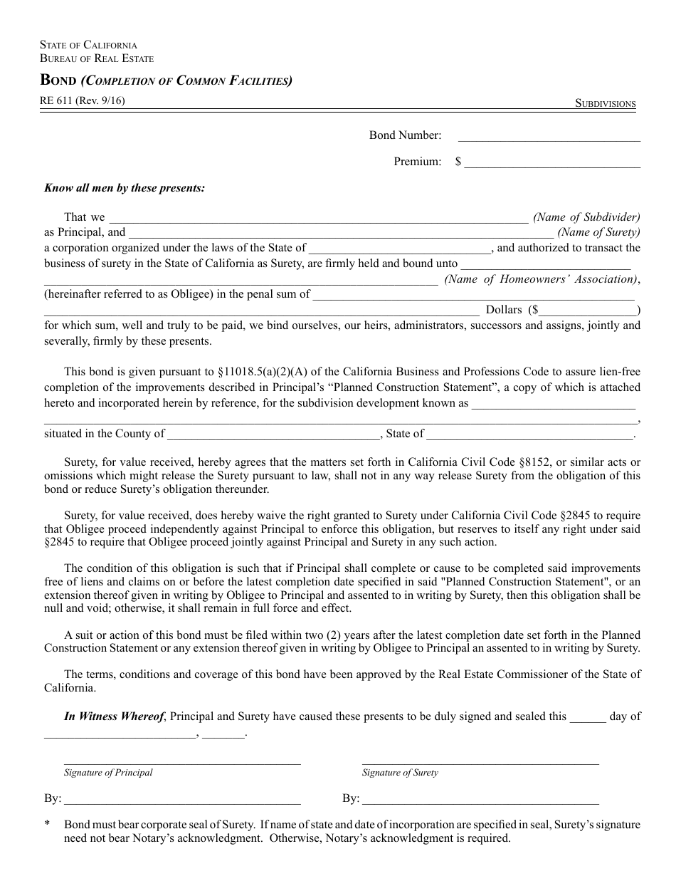 Form RE611 Bond (Completion of Common Facilities) - California, Page 1