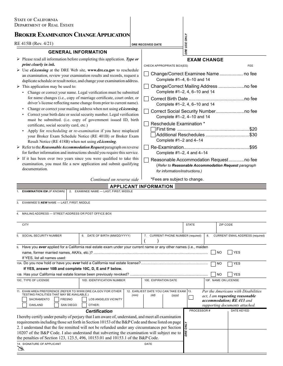 Form RE415B Broker Examination Change Application - California, Page 1