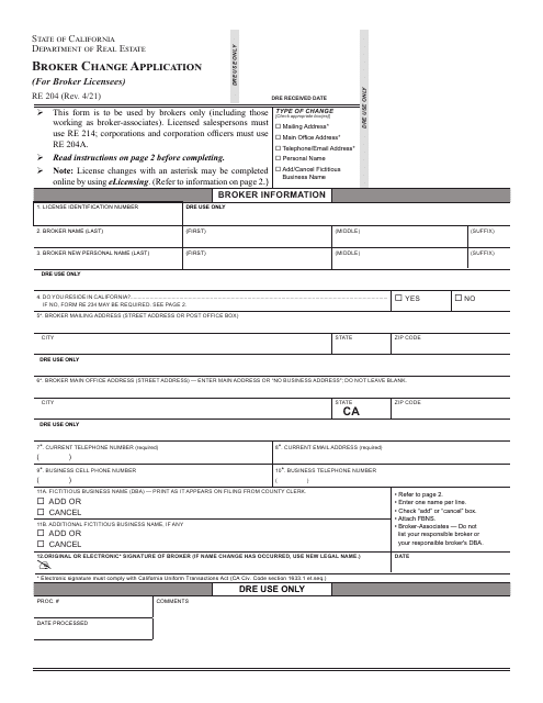 Form RE204  Printable Pdf