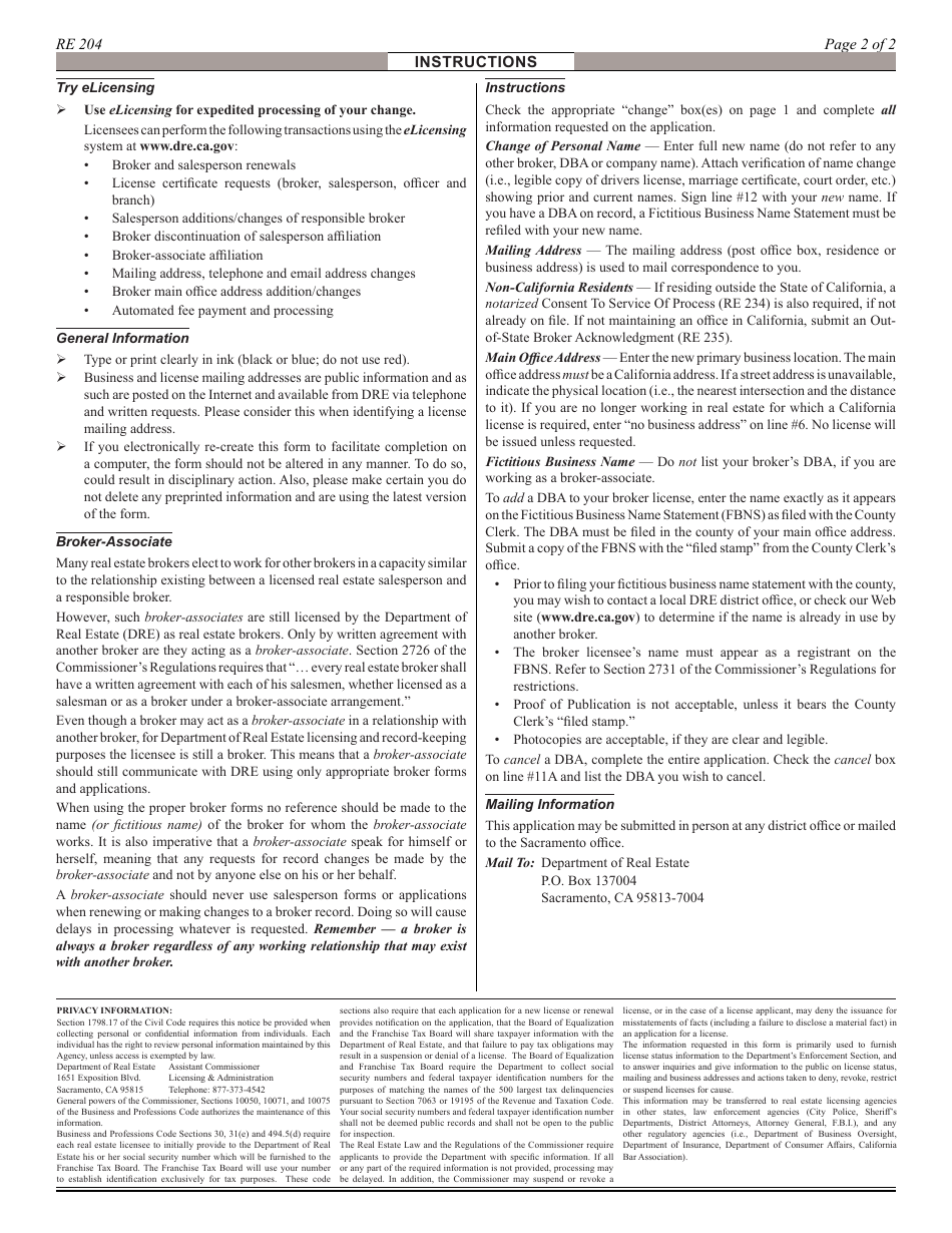 Form RE204 Broker Change Application (For Broker Licensees) - California, Page 2