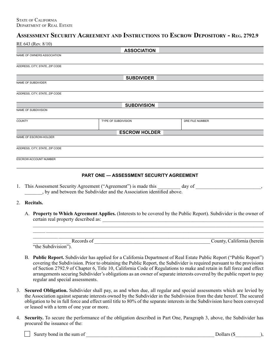 Form RE643 Assessment Security Agreement and Instructions to Escrow Depository - California, Page 1