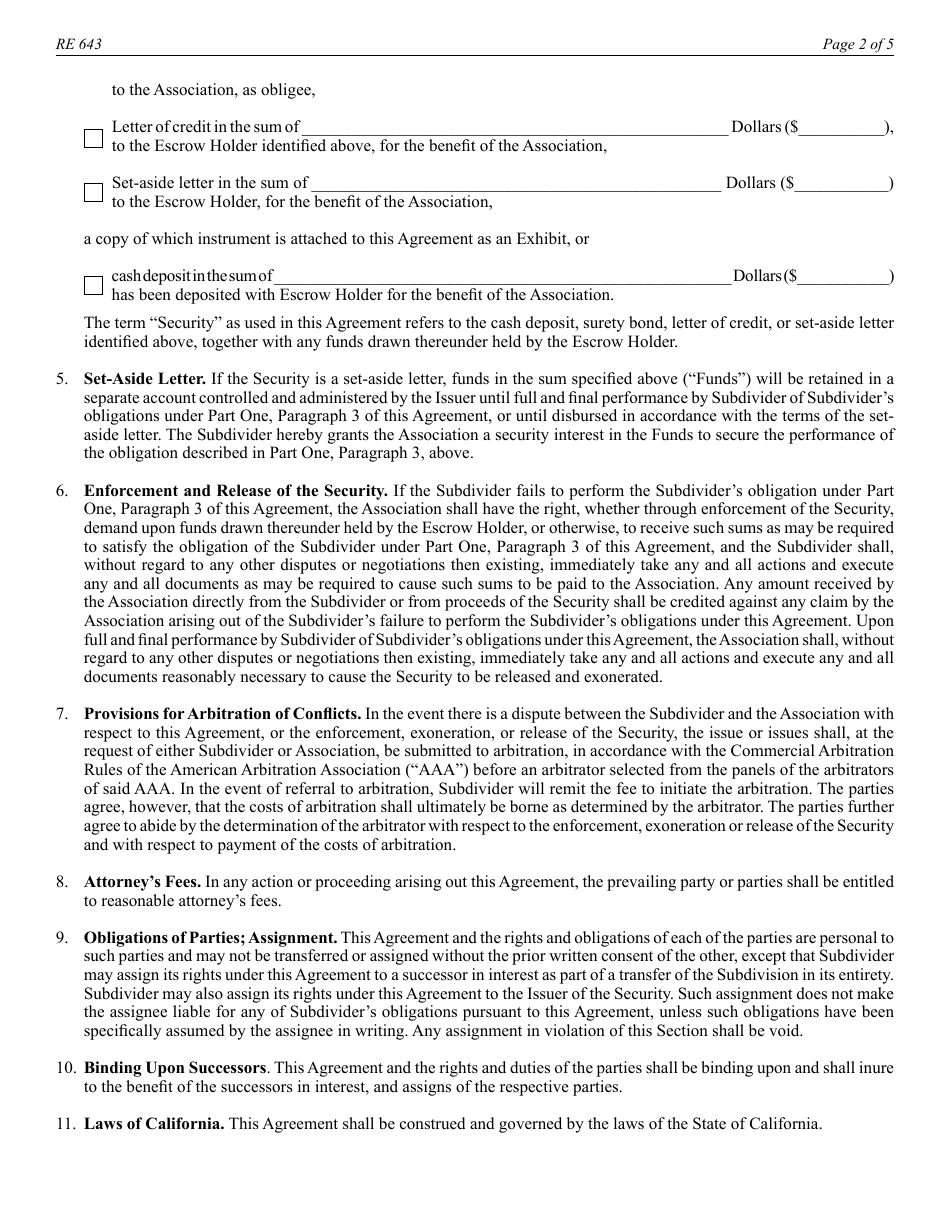 Form RE643 Assessment Security Agreement and Instructions to Escrow Depository - California, Page 2