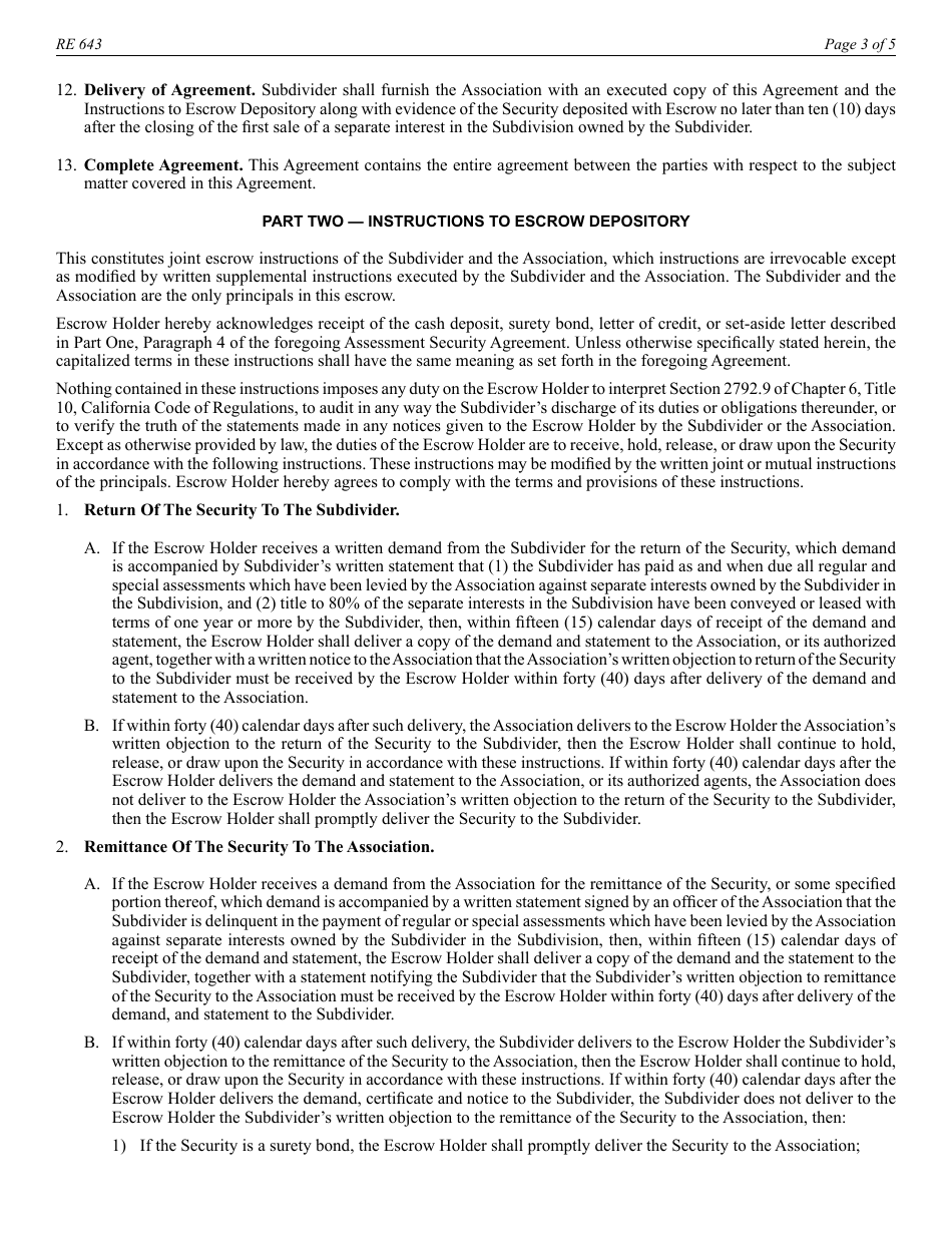 Form RE643 Assessment Security Agreement and Instructions to Escrow Depository - California, Page 3