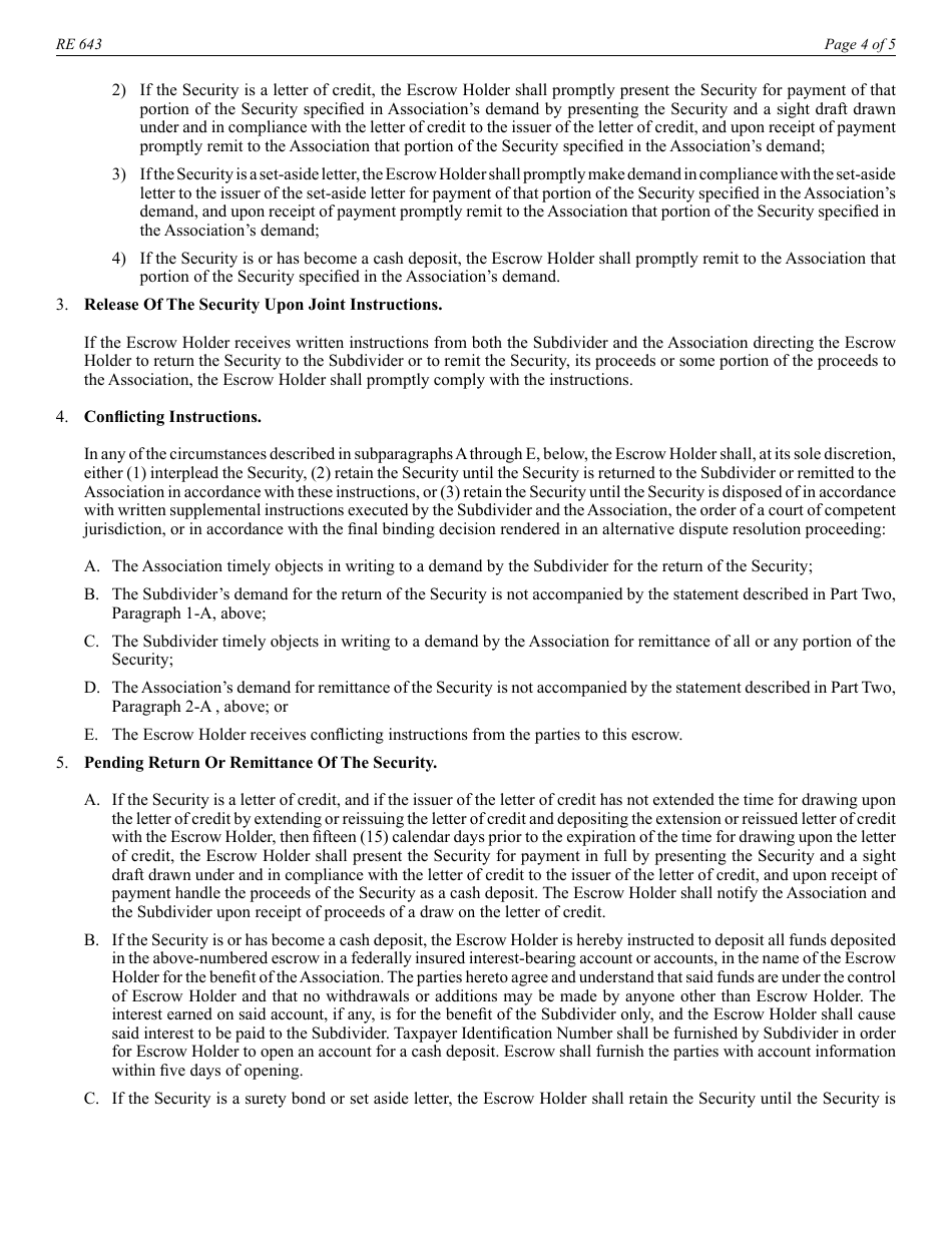 Form RE643 Assessment Security Agreement and Instructions to Escrow Depository - California, Page 4